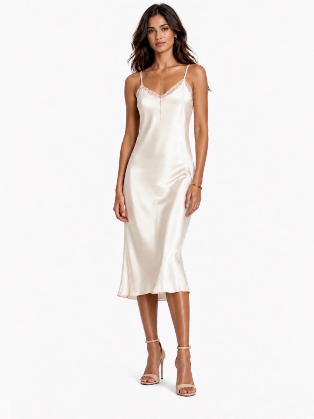 NEW 🌺Johnny Was 100% Silk Midi Length Slip Dress Lace Cream Adjustable Straps S